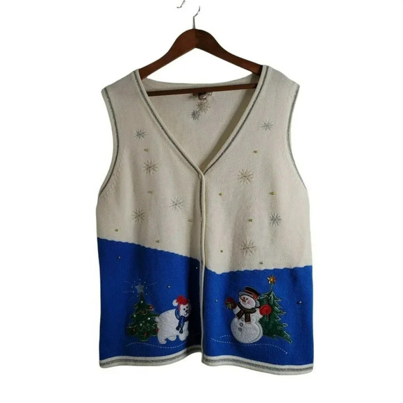 white sta Snowman XXL/2XG Sweater Vest Polar Bear Tree Metallic Silver Snowflake - Picture 1 of 9